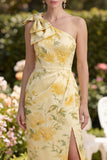 One Shoulder Printed Yellow Bowed Bodycon Wedding Guest Dress