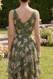 Dark Green A Line Printed Ruffled Wedding Guest Dress
