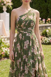 One Shoulder Dark Green A Line Printed Wedding Guest Dress with Slit
