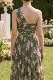 One Shoulder Dark Green A Line Printed Wedding Guest Dress with Slit