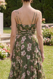 Dark Green A Line Printed Ruffled Wedding Guest Dress