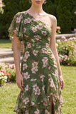 Dark Green One Shoulder Ruffled Floral Maxi Wedding Guest Dress