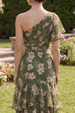 Dark Green One Shoulder Ruffled Floral Maxi Wedding Guest Dress