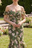 Mermaid Dark Green Off the Shoulder Ruffled Floral Wedding Guest Dress