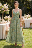Pleated Dusty Green Printed A Line Maxi Wedding Guest Dress