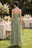 Pleated Dusty Green Printed A Line Maxi Wedding Guest Dress