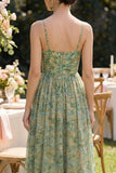 Pleated Dusty Green Printed A Line Maxi Wedding Guest Dress