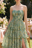 Tiered Strapless Pleated Dusty Green Printed Wedding Guest Dress