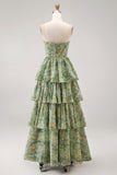 Tiered Strapless Pleated Dusty Green Printed Wedding Guest Dress