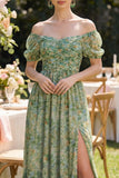 Off the Shoulder Ruched Dusty Green A Line Wedding Guest Dress
