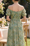 Off the Shoulder Ruched Dusty Green A Line Wedding Guest Dress