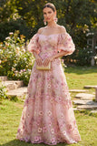 Off the Shoulder A Line Floral Pink Maxi Wedding Guest Dress