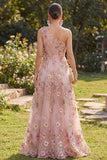 One Shoulder Ruched A Line Floral Pink Appliqued Wedding Guest Dress