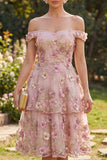Off the Shoulder Pink A Line Floral Tiered Appliqued Wedding Guest Dress
