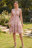 Floral Pink A Line Appliqued V Neck Midi Wedding Guest Dress