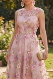 Pink Floral A Line Sleeveless Appliqued Midi Wedding Guest Dress