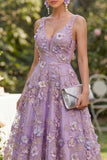 Floral A Line Lilac Sleeveless Appliqued Midi Wedding Guest Dress