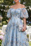 Off the Shoulder Floral A Line Blue Ruched Wedding Guest Dress