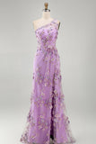 One Shoulder Floral A Line Lilac Appliqued Wedding Guest Dress