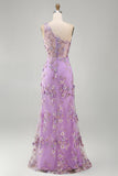 One Shoulder Floral A Line Lilac Appliqued Wedding Guest Dress