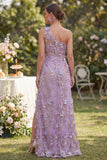 One Shoulder Floral A Line Lilac Appliqued Wedding Guest Dress