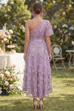 One Shoulder Floral Appliqued A Line Lilac Bowed Wedding Guest Dress