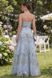 Blue Floral A Line Ruched Appliqued Maxi Wedding Guest Dress