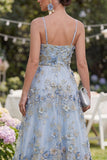 Blue Floral A Line Ruched Appliqued Maxi Wedding Guest Dress