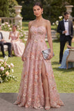 Strapless Floral Pink Appliqued A Line Maxi Wedding Guest Dress