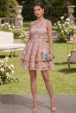 One Shoulder Floral Pink Appliqued A Line Tiered Wedding Guest Dress