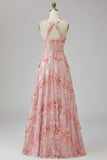 Halter Cut Out Floral Pink Appliqued A Line Wedding Guest Dress