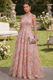 Halter Cut Out Floral Pink Appliqued A Line Wedding Guest Dress