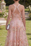 Halter Cut Out Floral Pink Appliqued A Line Wedding Guest Dress