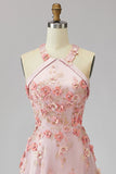Halter Cut Out Floral Pink Appliqued A Line Wedding Guest Dress