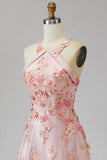 Halter Cut Out Floral Pink Appliqued A Line Wedding Guest Dress