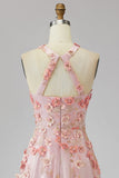 Halter Cut Out Floral Pink Appliqued A Line Wedding Guest Dress