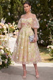 Off the Shoulder A Line Floral Light Yellow Wedding Guest Dress