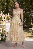 Light Yellow Floral Off the Shoulder A Line Ruched Wedding Guest Dress