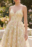 Floral Light Yellow Embroidered A Line Corset Wedding Guest Dress