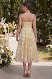 Light Yellow Corset Embroidered A Line Floral Midi Wedding Guest Dress