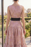 Blush A Line Ruffled Floral Brocade Wedding Guest Dress with Bow