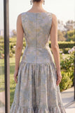 Blush A Line Ruffled Floral Brocade Wedding Guest Dress with Bow
