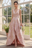 High Low Floral Blush A Line Brocade Wedding Guest Dress