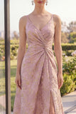 Floral Blush A Line Ruched Brocade Wedding Guest Dress