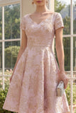 A Line Floral Blush Brocade Wedding Guest Dress with Short Sleeves