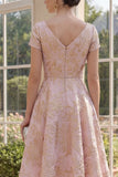 A Line Floral Blush Brocade Wedding Guest Dress with Short Sleeves