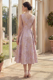 A Line Floral Dusty Lilac Brocade Midi Wedding Guest Dress