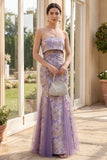 Strapless Mermaid Floral Brocade Dusty Lilac Maxi Wedding Guest Dress