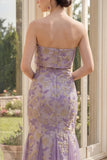 Strapless Mermaid Floral Brocade Dusty Lilac Maxi Wedding Guest Dress