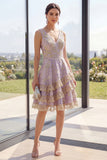 Floral Ruffled Dusty Lilac A Line Wedding Guest Dress with Lace